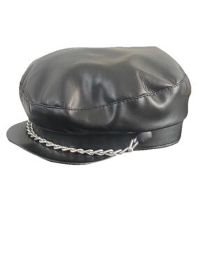 Black Faux Leather Biker Hat
